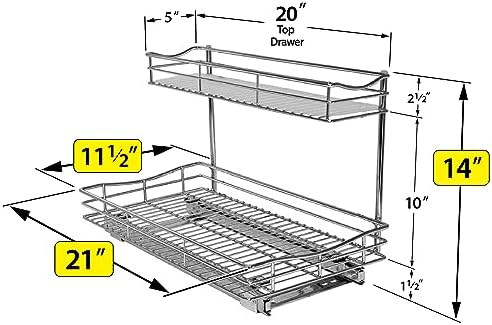 LYNK PROFESSIONAL® Pull Out Under Sink Kitchen Cabinet Organizer - 11.5 in. x 21 inch deep Drawer - Sliding Shelf Organizer for Cabinets and Undersink Storage Shelves - Lifetime Ltd. Warranty – Chrome