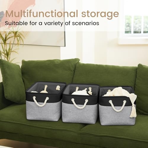 15x11x10 In Foldable Fabric Large Storage Bins with Handle 3 Pack | Organizer Baskets, Sturdy Metal Strand, Cardboard Support Molding, Storage Baskets for Shelves, Closet, Bedroom, Black/Gray