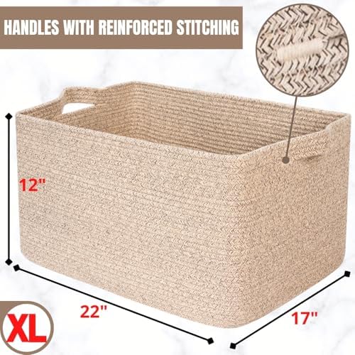 MINTWOOD Design 22in Extra Large Blanket Basket Holder Living Room, Rectangle Rope Woven Storage Basket with Handles for Laundry, Pool Towels, and Shoes, Dog Toy Organizer Bin Box, Oatmeal Brown