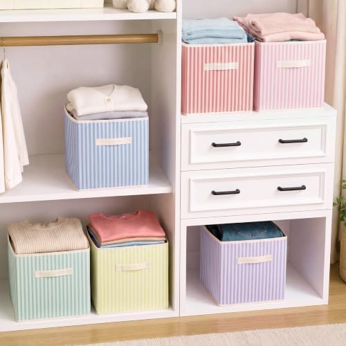 Amyhill 6 Pack Mixed Colors Striped Basics Collapsible Fabric Storage Bins | with Handles, Foldable Storage Cubes, 11 Inch, Closet Decorative Organizer, Baskets for Shelves Units, Home, Dorm
