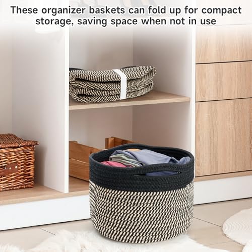 3 Pack Small Rope Storage Baskets, 9.82×9.82×7.1", Brown+Black | Cotton Basket for Gifts Empty, Cute Round Woven Basket, Decorative Shelf Basket Organizer, Organizing Basket for Shelves