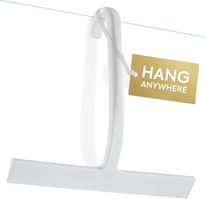 Shower Squeegee for Glass Doors, 10″ White with No-Drill J-Hook | Hang Anywhere Without Adhesive, Seamless One-Piece Silicone, Encased Steel Core, Streak-Free Shower Squeegee for Glass & Tile