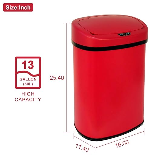 Kitchen Trash Can 13 Gallon,Stainless Steel Trash Can Touchless Garbage Can Large Trash Bin for Kitchen,Bathroom,Restroom,Office Automatic Garbage Bin,Red