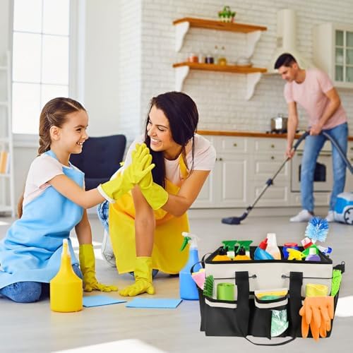Cleaning Caddy Bag, Cleaning Supply Caddy, Cleaning Bags for Housekeepers, Under Sink & Car Cleaning Tool Organizers Bag with Handles and Shoulder Strap for Home, Craft, Car, Garden (White)