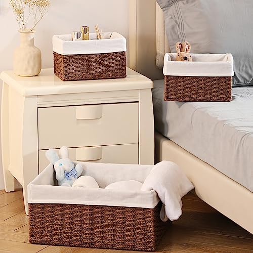 Vagusicc Wicker Basket, Set of 3 Hand-woven Storage Baskets for Organizing, Decorative Rectangle Wicker Storage Basket Bins with Handles, Small Toilet Paper Storage Baskets for Shelves & Decor, Brown