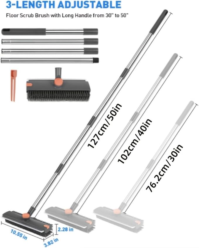 Floor Scrub V Brush with Long Handle, 4 in 1 Multi-Angle Swivel Right Angled Bristle Floor Scrubber Brush with Squeegee and Tweezer for Cleaning Tile Wall Deck Bathroom Patio Garage Kitchen