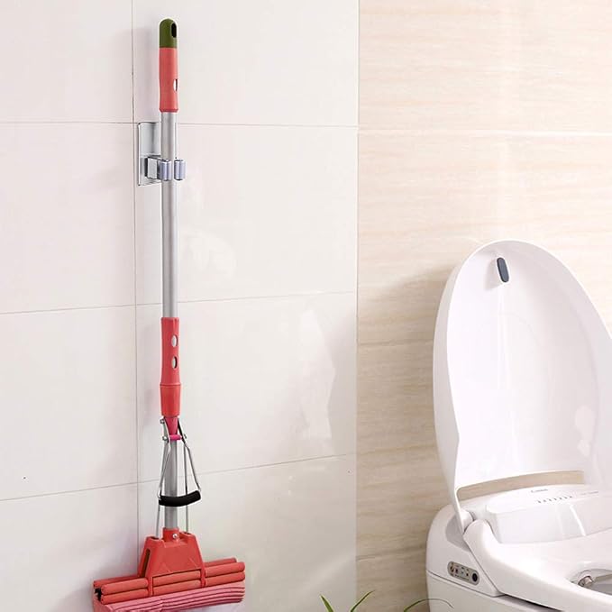 HANZE 2 Pack Stainless Steel Mop Broom Holder Organizer, Self Adhesive Wall Mounted Mop Organizer Storage Rack Clip for Kitchen Bathroom and Garage (Rectangle, Large)