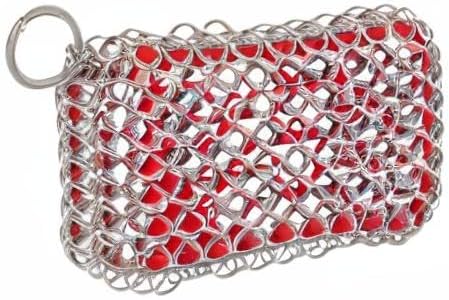 Lodge Chainmail Scrubbing Pad, Stainless Steel, Red | Heavy Duty Stainless Steel Cast Iron Scrubber with Silicone Grip, Reusable Cleaning Pad for Cookware & Kitchen