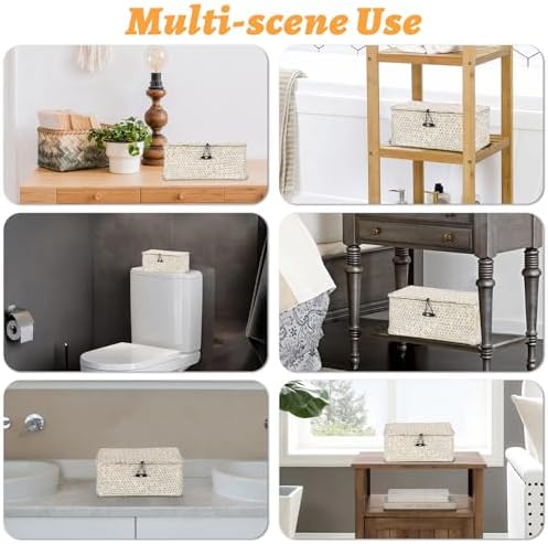 Sumnacon Wicker Basket with Lid,Tampon Holder for Bathroom,Whitewash,XS | Natural Seagrass Female Product Organizer for Toiletries Pad Tampon Storage,Farmhouse Woven Baskets for Shelf, Toilet Tank