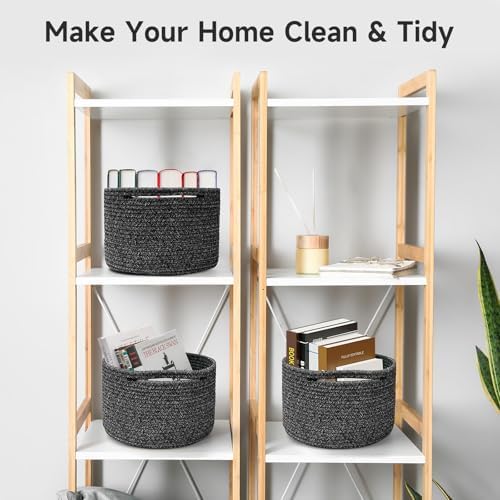 3 Pack Small Rope Storage Baskets, 9.82×9.82×7.1", Black | Cotton Basket for Gifts Empty, Cute Round Woven Basket, Decorative Shelf Basket Organizer, Organizing Basket for Shelves