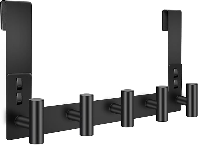 PMMASTO 7.5 Inch Hanger for 3/8 Inch Glass, Black- 5 Hooks, T Shape | Stainless Steel Hooks Organize Towels And Robes on Frameless Glass Shower Doors in Bathrooms
