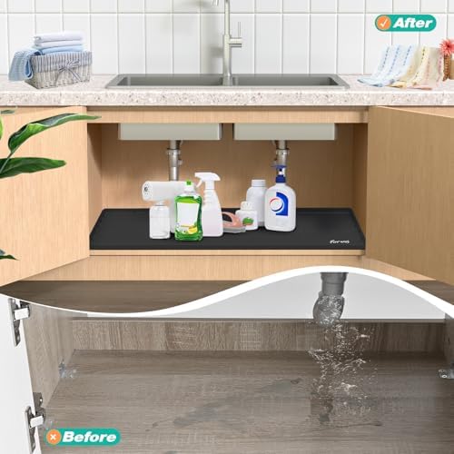Silicone Under Sink Mat, 22"x19", Waterproof Cabinet Liner, Black | Shelf Liner, Cabinet Protector, Home Organizer, for Kitchen, Bathroom, Multipurpose, Leak Proof, Easy Clean, Drip Tray, Clean