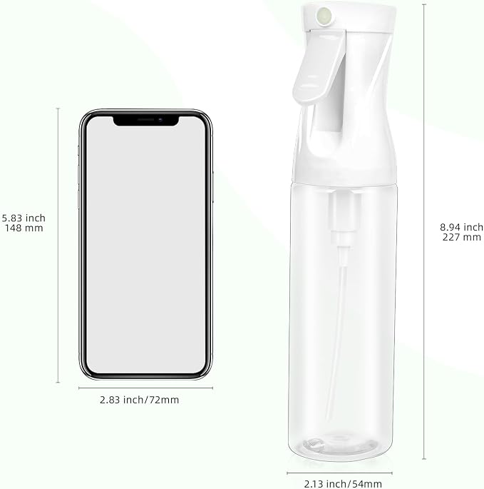 2-Pack Continuous Fine Mist Spray Bottle for Hair - Patented Ultra-Fine Mist for Hairstyling, Cleaning, Plants, and More - BPA-Free, Leak-Proof, 360° Spray, Durable - White (300 ml/10.1oz)