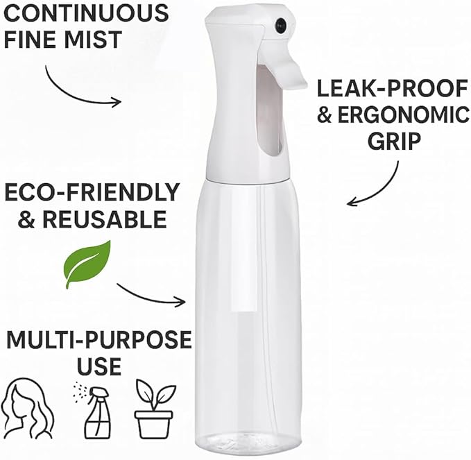 VIGOR PATH Continuous Mist Clear Spray Bottle 500ml Fine Mist for Hair | Ultra Fine Atomizer Leak Proof Ergonomic Construction 360 Refillable