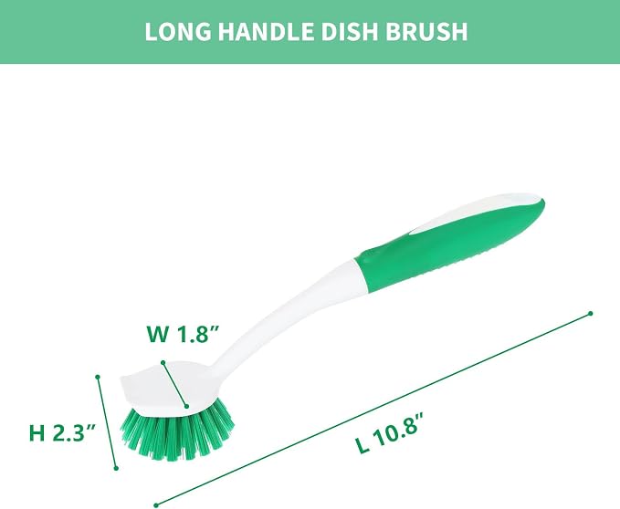 Dish Brush with Handle, 2 Pack Scrub Brushes, Green | Built-in Scraper, For Cleaning Kitchen, Pots, Pans and Sink, Scrubber Washing Tools