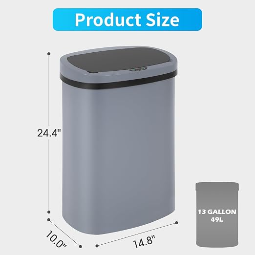 BestOffice Broken-Resistant Plastic Trash Can with Touch Free Lid - High-Capacity 49L (13 Gallon) Garbage Can for Bedroom, Bathroom, Home Office, Kitchen (1, Gray)