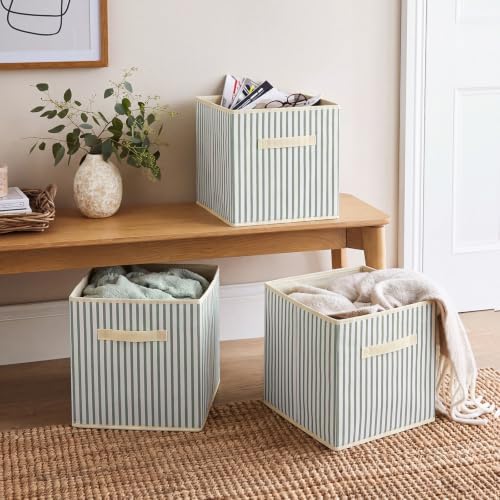 Amyhill 6 Pack Green Striped Basics Collapsible Fabric Storage Bins | with Handles, Foldable Storage Cubes, 11 Inch, Closet Decorative Organizer, Baskets for Shelves Units, Home, Dorm