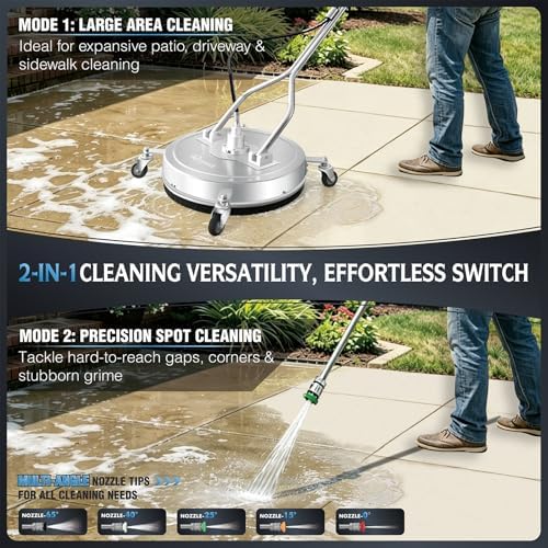 RAYNEL 20" Pressure Washer Surface Cleaner, Power Washer Accessory | Stainless Steel Housing, 4 Wheels, Dual Handles, 2 Hose Adapters, 5 Spray Nozzles & 4 Replacement Nozzles, Max 4000 PSI