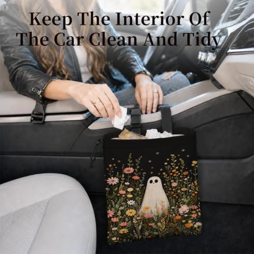 Halloween Ghost Wildflower Car Garbage Bag Canvas Trash Can | Cottagecore Floral Halloween Drawstring Car Trash Bag Hanging for Back Seat with Adjustable Buckle