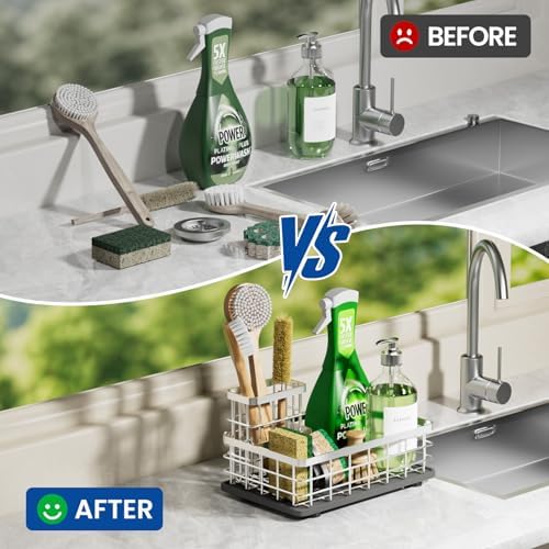 Kitchen Sink Organizer, Large Sink Caddy with Sponge Holder & Diatomite Mat | Cleaning Supplies in One Place, Kitchen Countertop Organizer, Home Essentials, Brush Holder, Quick Dry Tray, Fewer Puddles