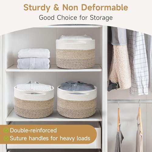 3 Pack Small Rope Storage Baskets, 9.82×9.82×7.1", Mixed Brown | Cotton Basket for Gifts Empty, Cute Round Woven Basket, Decorative Shelf Basket Organizer, Organizing Basket for Shelves