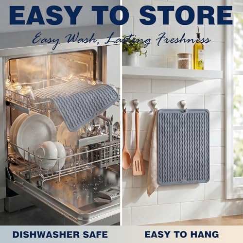 2 Pack Caketime Silicone Dish Drying Mat for Kitchen Counter Multiple Usage for Baking Cooking Grilling Under Sink Office Coffee Accessories Apartment Appliances Pioneer Woman Stuff 12"x12" Blue