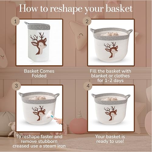 Deer Baby Storage Basket, Woven Cotton Rope Nursery Bin, 15x11 in | Stuffed Animal and Blanket Storage, Soft Felt Deer Patch, Woodland Nursery Decor, Kids Playroom Organizer