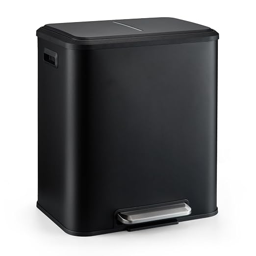 Jojoka Dual Trash Can for Kitchen Recycling and Trash, 16-Gallon Stainless Steel Double Garbage Bin with Lid and Foot Pedal, Soft Close, Removable Compartments for Waste Separation, Home Organization
