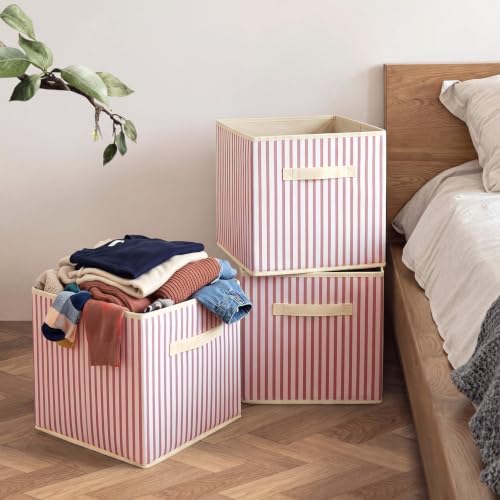 Amyhill 6 Pack Pink Striped Basics Collapsible Fabric Storage Bins | with Handles, Foldable Storage Cubes, 11 Inch, Closet Decorative Organizer, Baskets for Shelves Units, Home, Dorm