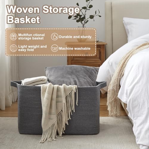 OIASKET 95L Large Blanket Basket, Blanket Storage Living Room, Rectangle Woven Baskets for Storage Toys, Towels, Dirty Clothes Organizer Bins (Dark Grey)