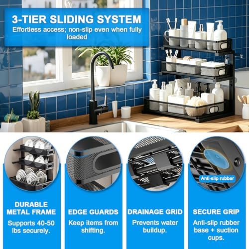 Under Sink Organizer,3-Tier Thickened Metal Pull out Cabinet OrganizerShelf | Height Adjustable Slide out Storage Drawer Rack for under sink organizer bathroom Kitchen,Laundry Room & Pantry