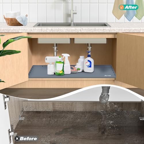 Silicone Under Sink Mat, 28"x19", Waterproof Cabinet Liner, Grey | Shelf Liner, Cabinet Protector, Home Organizer, for Kitchen, Bathroom, Multipurpose, Leak Proof, Easy Clean, Drip Tray, Clean