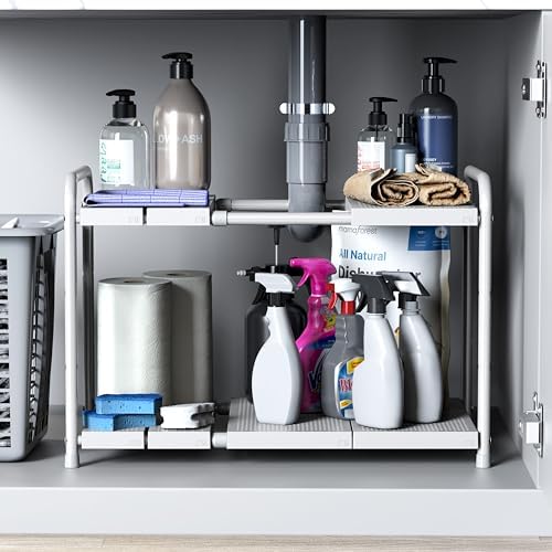 Simple Houseware Under Sink 2-Tier Heavy Duty Expandable Organizer, White | Adjustable Width 15.75–25 Inches with 4 Shelf Height Levels