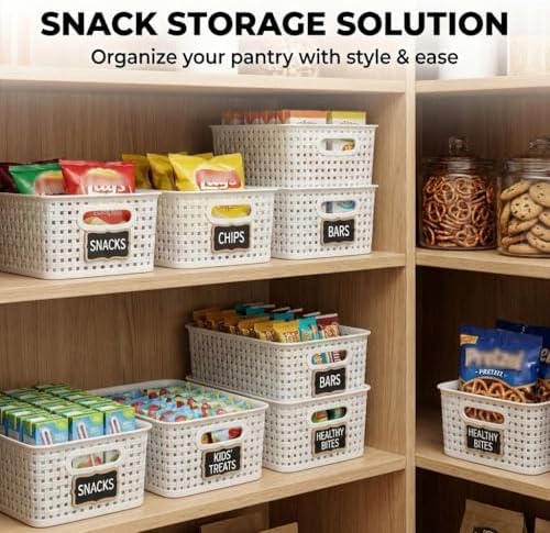 8 Pack White Storage Baskets, Plastic Woven Organizer Baskets, Stackable Shelf Baskets for Closet, Pantry & Bathroom