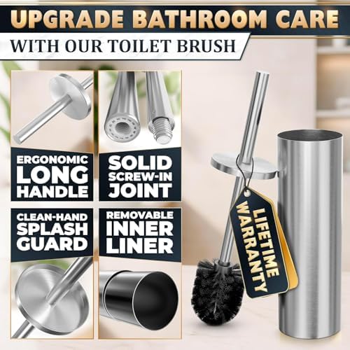 Silver Toilet Brush and Holder Set, Freestanding, Splash Protection | Toilet Brush with Holder Set for Bathroom, Splash Protection & Dense Bristles, Corrosion-Resistant, Removable Inner Bowl
