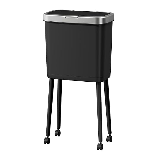 Laundry Waste Basket with Wheels and Lid, High Foot 4 Gallon Narrow Garbage Can with Silver Edge, Pop Up Lid Pet Waste Trash Can with Legs, Black Plastic Garbage Bin for Kitchen, Bedroom, Toilet