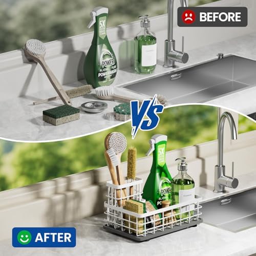 Kitchen Sink Organizer, Large Sink Caddy with Sponge Holder & Diatomite Mat | Cleaning Supplies in One Place, Kitchen Countertop Organizer, Home Essentials, Brush Holder, Quick Dry Tray, Fewer Puddles