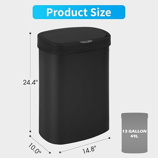 BestOffice | 13 Gallon Plastic Trash Can with Lid | Black | Automatic Touchless Garbage Can | Waterproof & Easy to Clean | For Kitchen, Bathroom, Home or Office | Pack of 1