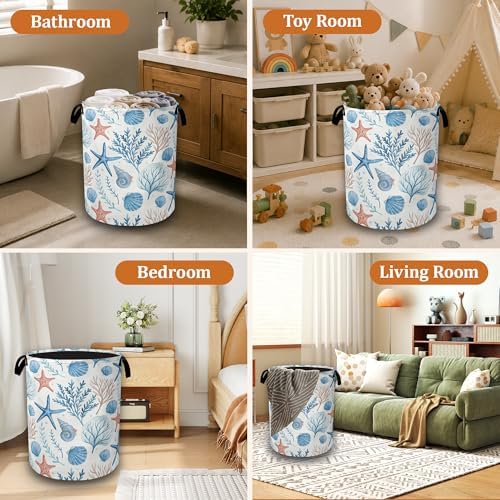 Summer Seashells Coral Waterproof Laundry Basket with Handles, Foldable Clothes Hamper, Large Capacity Laundry Organizer Bin for Bedroom Bathroom Dorm Room