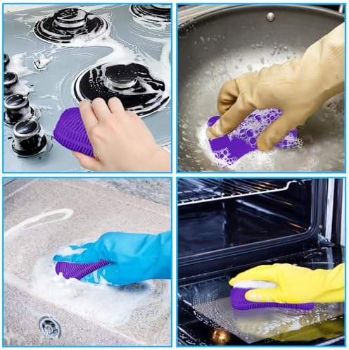 5 Pack Silicone Dish Sponges for Kitchen, Double Sided Silicone Dish Scrubber, Multipurpose Kitchen Scrubber Sponge, Vegetable Brush (Purple)