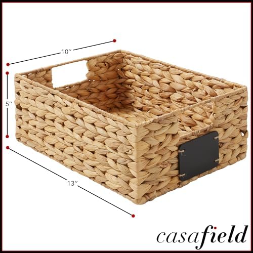 Casafield Set of 4 Water Hyacinth Pantry Baskets, 10" x 13" x 5", with Chalkboard Labels and Chalk Marker - Natural, Woven Storage Bin Organizers for Kitchen Shelves