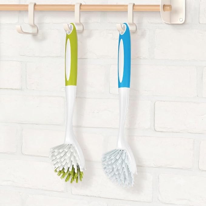 Dish Brush with Long Handle for Kitchen Sink Pot Pan Cleaning, 20 Bulk Pack | Plastic Dish Scrubber, Blue Soft Bristles Dishwashing Brush, Yellow Stiff Scrub Brush for Dishes