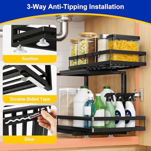 2-Tier Metal L-Shaped Pull-Out Under Sink Organizer, Black, 2 Pack | 2 complete sets; ball-bearing slides; 6-level height; no-drill setup
