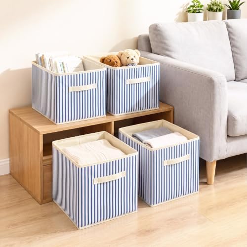Amyhill 6 Pack Blue Striped Basics Collapsible Fabric Storage Bins | with Handles, Foldable Storage Cubes, 11 Inch, Closet Decorative Organizer, Baskets for Shelves Units, Home, Dorm