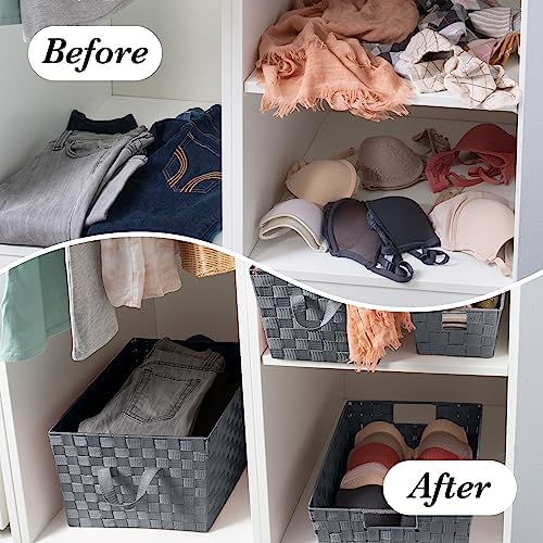 Simplify Small Shelf Woven Strap Tote | Decorative Storage Basket | Built in Handles | Organization | Closet | Bedroom | Bathroom | Nursery | Accessories | Toys | Gifts | 4 Pack | Grey