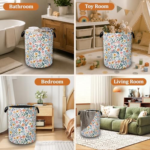 Vibrant Summer Floral Laundry Basket with Handles, Waterproof Foldable Laundry Hamper, Large Capacity Oxford Cloth Clothes Storage Basket for Bathroom Bedroom Dorm