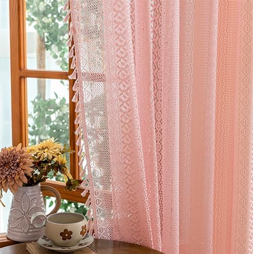 Sutuo Home Lace Sheer Boho Curtains for Bedroom Dining Room, Soft Plush Pink Bohemian Crochet Tassels Farmhouse Window Curtains Drapes Vintage Chic Decor, Rod Pocket 1 Panel 59" W x 96" L, Light Pink