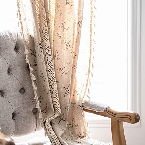 Sutuo Home Boho Curtain Semi-Blackout Crochet Hollow Lace Patchwork with Floral Print Cotton Linen Fabric, Handmade Tassels Rod Pocket Bohemian Window Drapes for Living Bedroom, 59"W x 84"L, 1 Panel