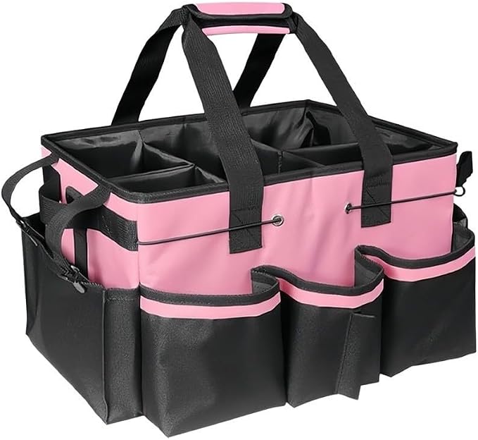 Large Cleaning Caddy Bag with Removable Divider - 600D Oxford Storage Organizer for Supplies, Tools, Spray Bottles - Portable Tote for Housekeeping, Gardening, Car Trunk - Black 14x10x9 Inch(White)