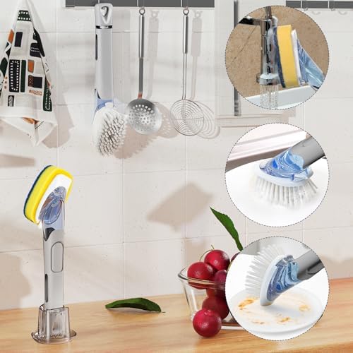 RIMAY Dish Brush Set with Soap Dispenser, 2 Refills and Storage Holder | Soap Dispensing Dish Brush dish scrubber with handle for Cleaning Dishes, Pans, Sink, Pots, Grey